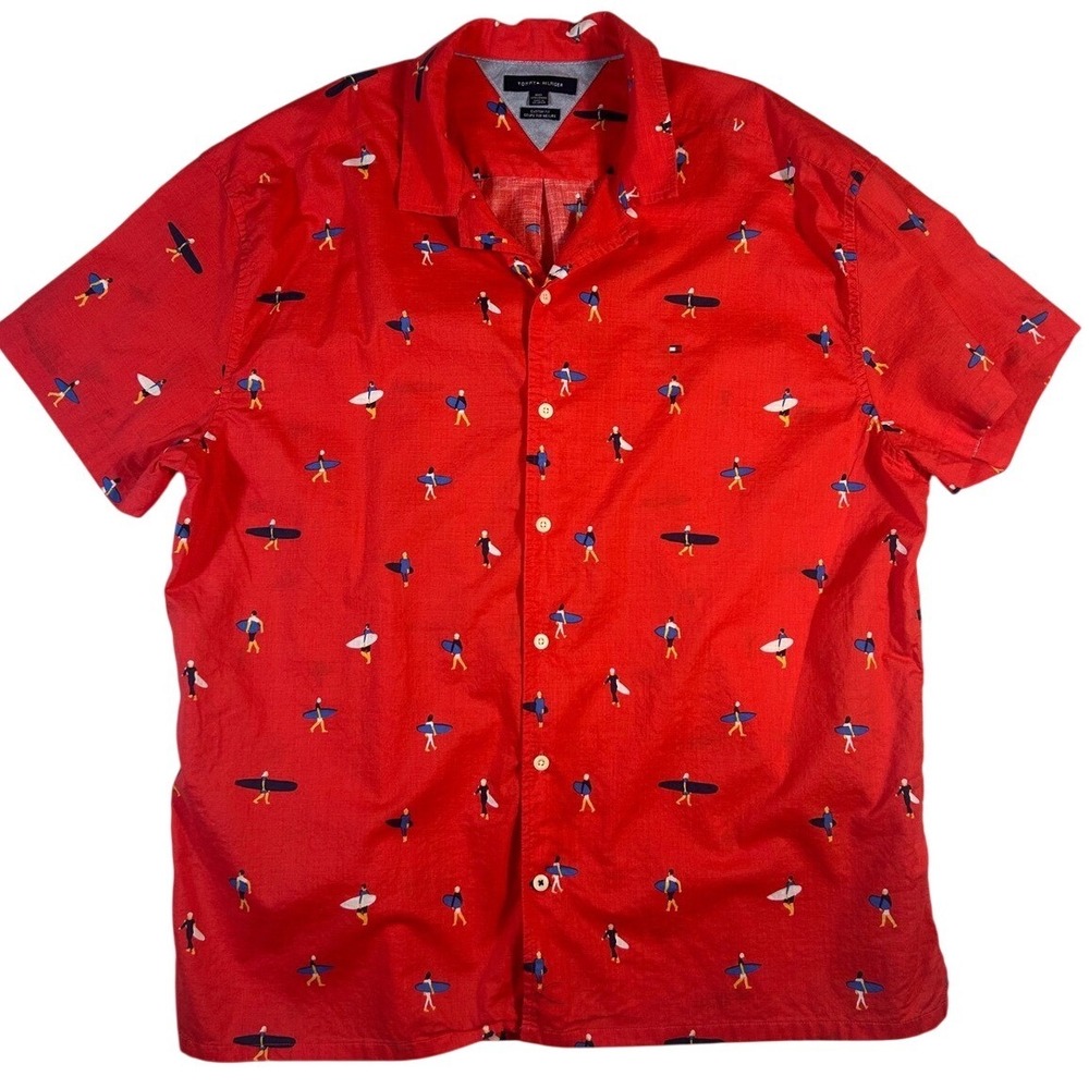 Tommy Hilfiger Mens Red Surfer Print Short‎ Sleeve Button Down Shirt XXXL